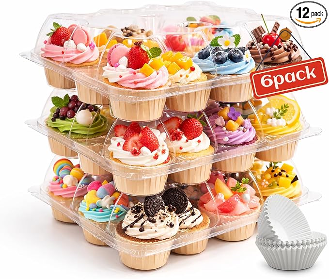 WIKDAY (12 Count x 12 Sets Plastic Cupcake Containers with Liners, Clear Cupcake Holder with Lids, Disposable Cupcake Carrier for Bakery, Cupcake Storage Box for Parties, Bake Sale Packaging