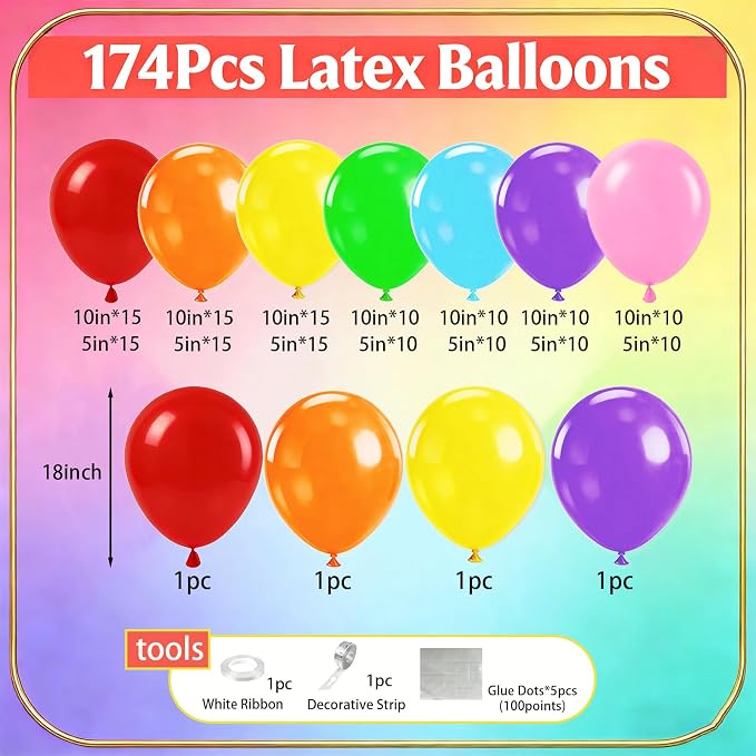 174Pcs Colorful Rainbow Balloons Arch Kit, Multicolor Party Decor for Back to School, Mexican Fiesta & Carnival Celebrations | Easy DIY Decor for Birthday & Classroom Welcome