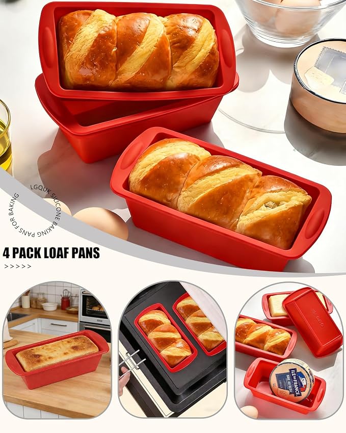 Silicone Bread Loaf Pan, Non-Stick Bread Pans for Baking,Flexible Silicone Baking Molds for Bread, Cake, Meatloaf (4PCS-Red)