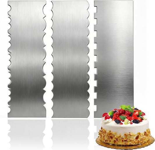 Philbinden 3 Pack Stainless Steel Cake Decorating Scraper Set,8.6-inch Double Sided Patterned Edge Stripe Edge Smoother Scraper for Buttercream, Frosting, Mousse, and Baking Projects