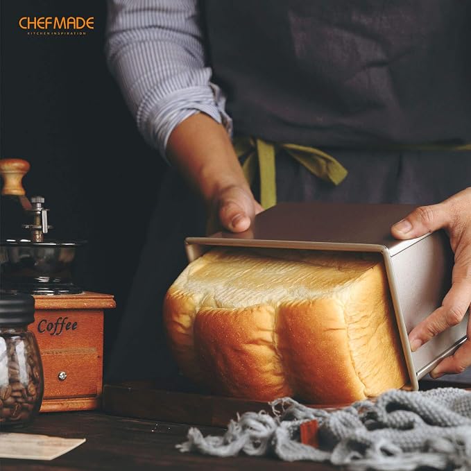 CHEFMADE Pullman Loaf Pan with Lip, 0.99Lb Dough Capacity Non-Stick Rectangle Flat Toast Box for Oven Baking 4.2" x 7.7"x 4.4" (Champagne Gold)