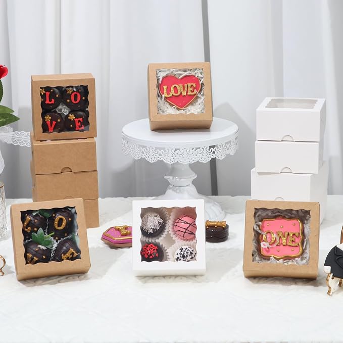 50-Count 4x4x2 inches Food-Safe Brown Bakery Boxes - Multi-Use Pastry & Treat Packaging for Cookies, Truffles & Wedding Favors (Small Gift Boxes for Cakes, Pies & Cinnamon Rolls)