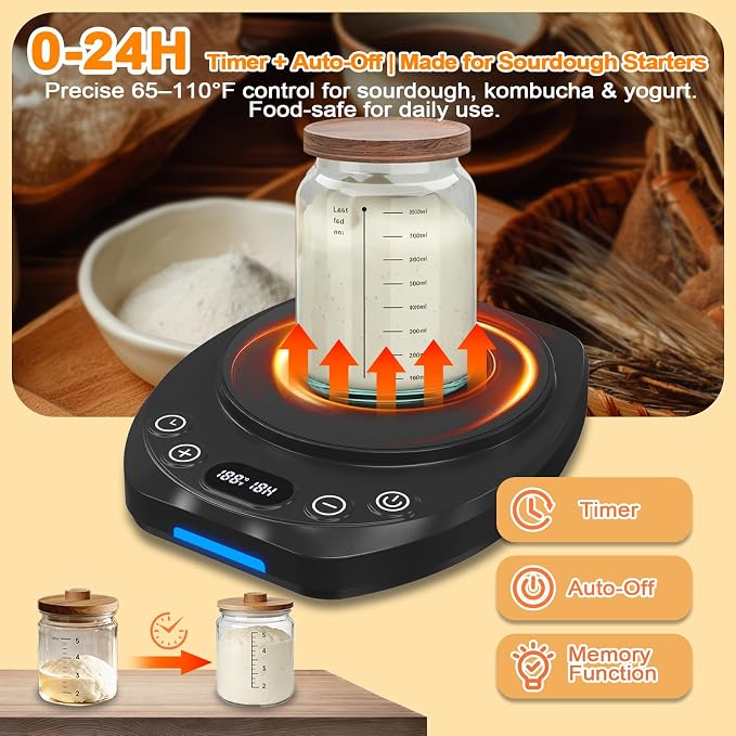 Sourdough Starter Warmer Mat,65-110°F 1°F Precision, 24H Timer & Memory, Electric Heating Mat for 24-40oz Jars, Home Baking（Black）