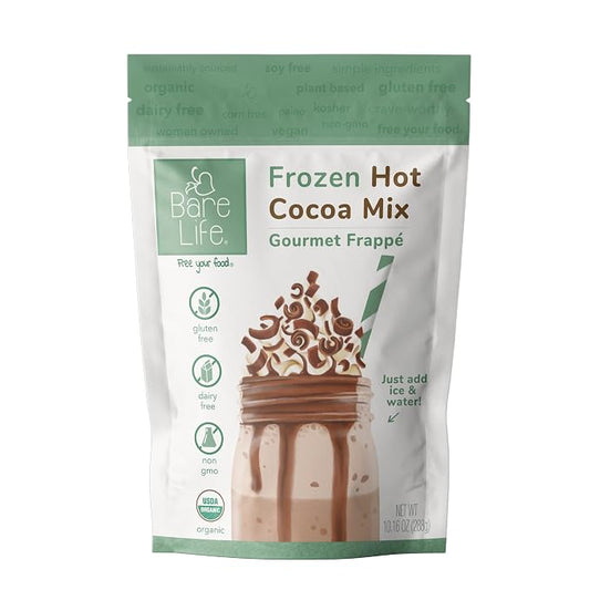 Bare Life Frozen Hot Cocoa Mix, Dairy Free Frozen Hot Chocolate, Vegan Chocolate Frappe Mix, Gluten Free, Just Blend with Ice, 10.16 oz Pouch