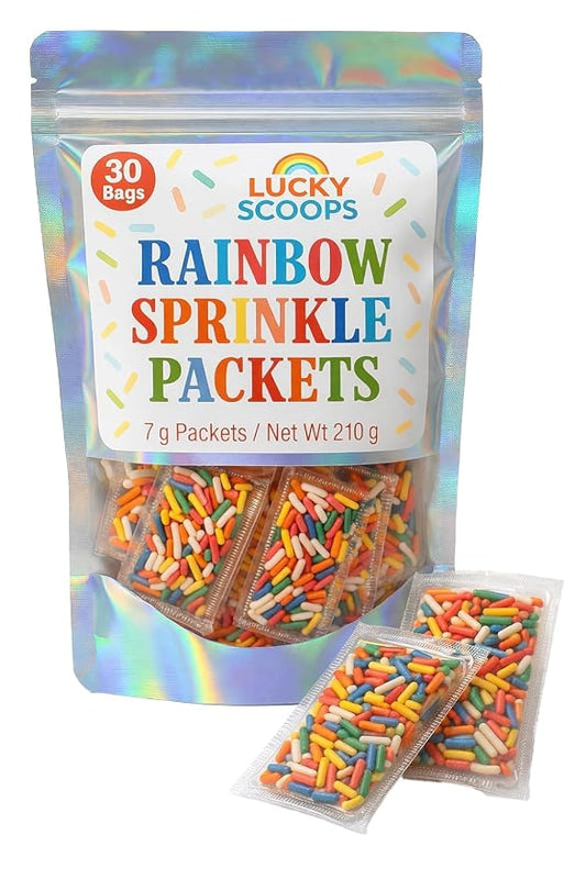 Lucky Scoops Rainbow Sprinkles Packets – 30 Individually Wrapped 7 g Packs in Resealable Pouch – Dairy-Free, Gluten-Free, Vegetarian, Soy & Nut-Free Rainbow Jimmies for Dessert Toppings for Ice Cream Sundae, Baking & Parties, Cruise Pixie Dusting