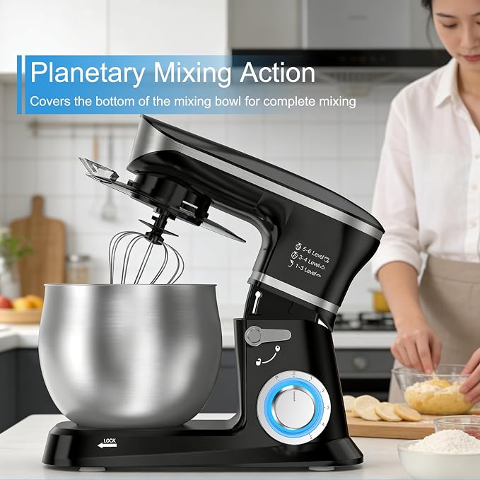 Electric Stand Mixer, Kitchen Mixer 6.5-Quart Tilt-Head, 6 Speeds with Dough Hook, Whisk, Beater, and Splash Guard, Stainless Steel Bowl for Baking