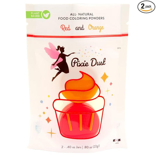 Dye-Free Red and Orange Food Coloring Powders Set | Perfect for cake decor, cookie Frosting, Icing & Drinks | All- Natural, Plant-Based, Kosher, Flavorless | No Carmine, No Annatto | By Pixie Dust | 2 Jars (0.40 oz / 11g Each) 22gr Total.