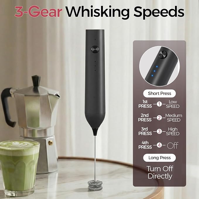 YARRAMATE Electric Milk Frother Wand with Stainless Steel Whisk and Stand, Fast Rechargeable Coffee Mixer with 3 Speeds, Handheld Drink Stirrer, Whisk Foam Maker for Lattes, Cappuccino, Matcha (Black)