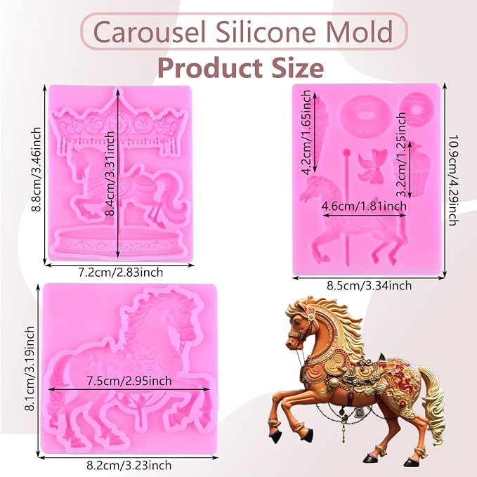 Carousel Horse Silicone Fondant Molds 3D Merry-Go-Round Chocolate Mold For Carousel Party Cake Decoration Cupcake Topper Candy Polymer Clay Chocolate Gum Paste Set Of 3