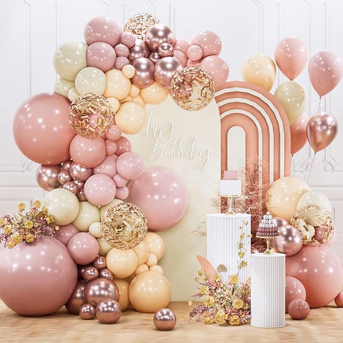 PartyWoo Dusty Pink Balloon Arch Kit Garland 140pcs Different Sizes of 18 12 10 5 Inch Blush Rose Pink Nude White Sand Gold Confetti Boho Balloons for Baby Shower Birthday Wedding Party Decorations