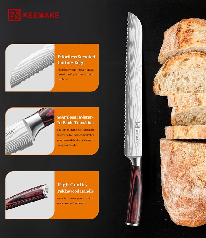 KEEMAKE 10 Inch Bread Knife for Homemade Bread - Ultra Sharp for Serrated Sourdough, Crusty Artisan Loaves, Bagels & Cake, High Carbon Stainless Steel Slicing Knife with Cover & Dad Gift Box