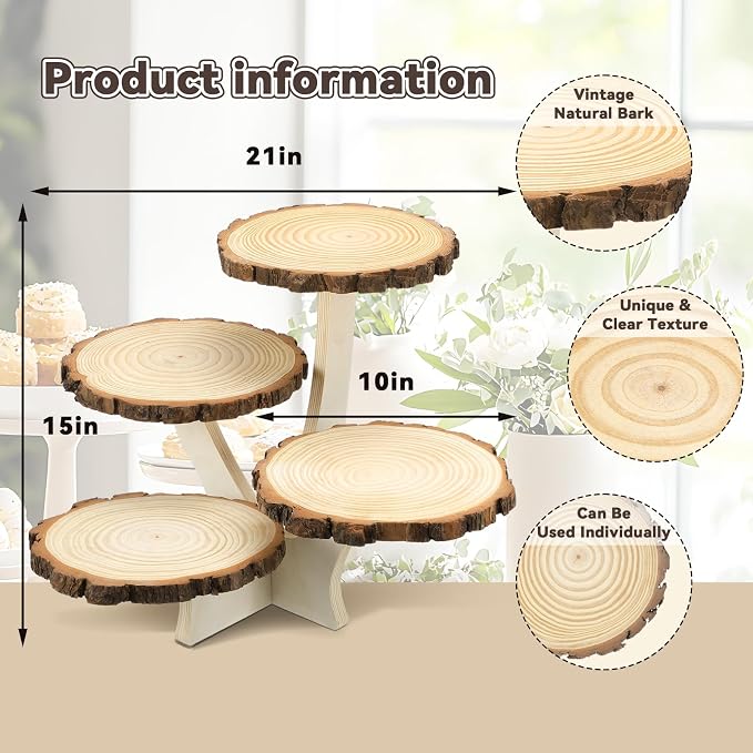 Chunful 4 Tier Round Natural Wood Cupcake Dessert Stand, Cup Cake Tower Stand Holder, Wooden Cake Display Tiered Centerpiece for Party, Birthday, Wedding, Baby Shower, Holiday Decoration