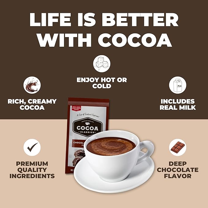 Cocoa Classics Chocolate Supreme Cocoa Mix, Hot or Iced, 1.25oz, 36 Pack | Chocolate Supreme cocoa mix with rich, bold chocolate flavor; just add water for creamy hot or iced cocoa with smooth taste