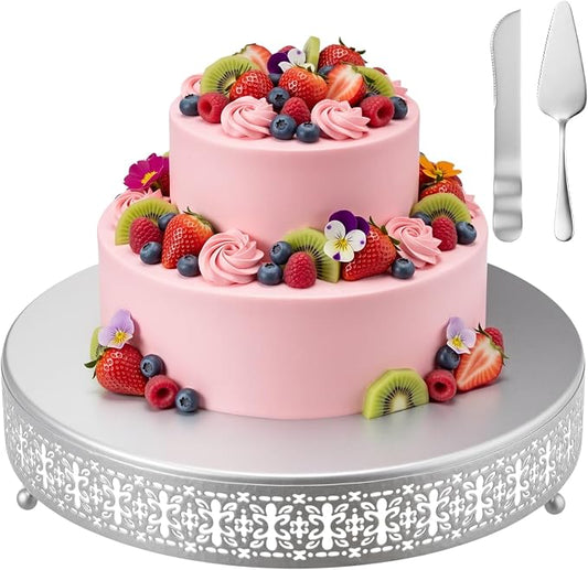 Wenqik Silver Cake Stand 14 Inch Metal Round Cupcake Dessert Wedding Cake Stand with Cutting & Spatula Cookies Display Holder Fruit Serving Tray for Table Wedding Birthday Anniversary Party