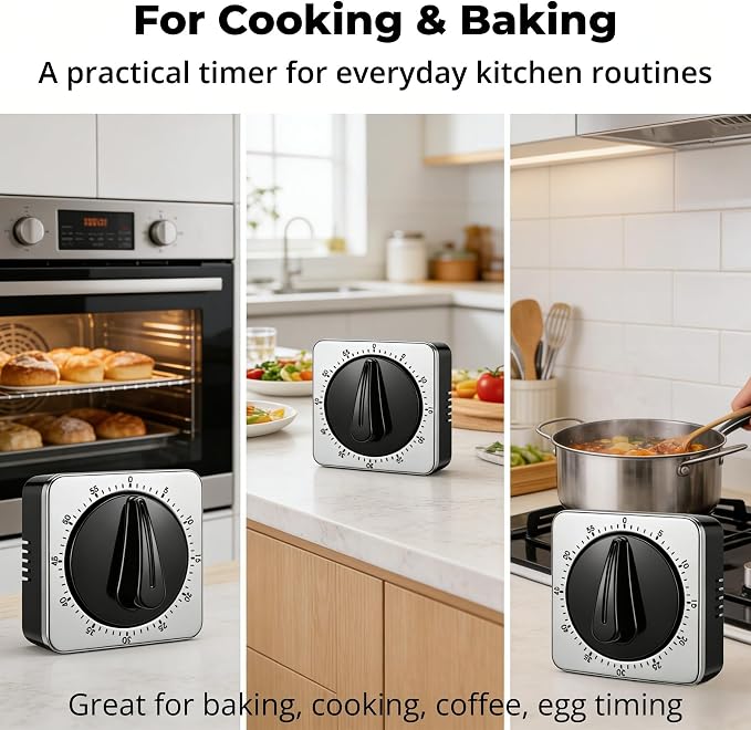 Searon Kitchen Timers for Cooking, Mechanical Wind Up Timer with Loud Ring, Magnetic Back, No Battery Needed, Stainless Steel Countdown Timer for Cooking and Baking