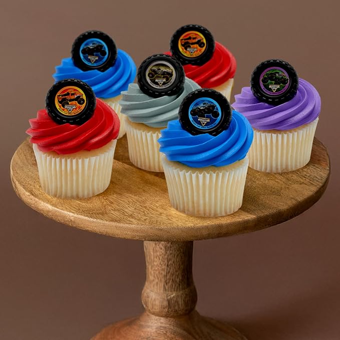 Monster Jam Rings, 24 Monster Truck Cupcake Toppers, Bright Colorful Truck Tire Cupcake Decorations, Food Safe - 24 Pack