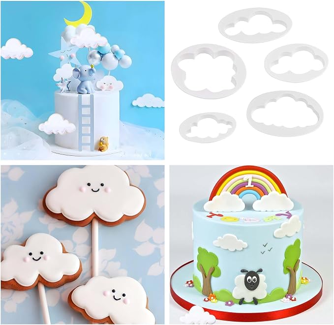 CEYAZYE 5PCS Cloud Fondant Cutter, Cake Cookie Sugar Craft Mold | Plastic Fluffy Cloud Cutter Shapes Molds, Different Cake Decorating Tools Pattern for Creative Baking and Crafts