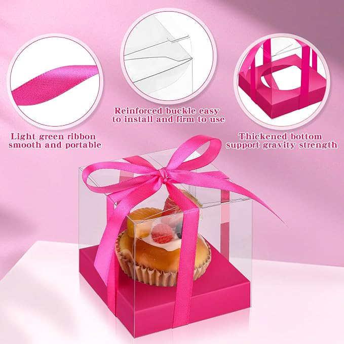 Thenshop 50 Pcs Clear Cupcake Boxes Individual 3.5 Inch Plastic Single Cupcake Containers Boxes with Inserts and Ribbon Individual Cake Storage Holders for Cake Kitchen (Hot Pink)