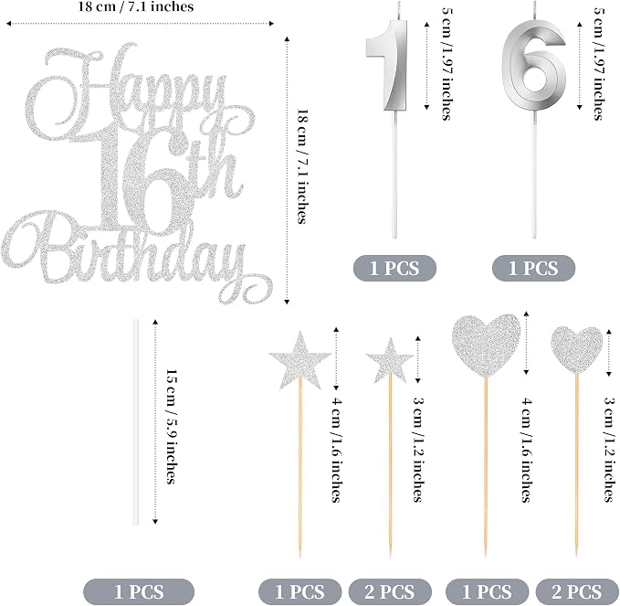 16th Birthday Cake Decorations, 16th Birthday Candles Cake Numeral Candles and Glitter Happy 16th Birthday Cake Toppers Set for Birthday Party Supplies (Silver)