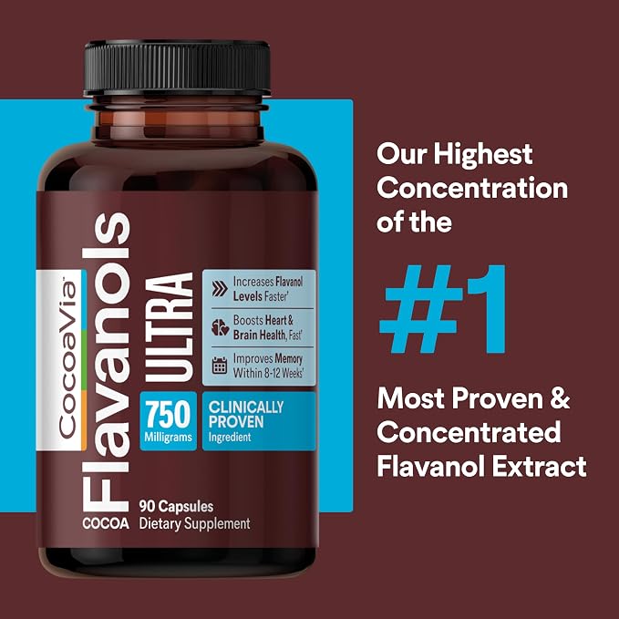 CocoaVia Ultra 750mg Cocoa Flavanols – Heart & Brain Support, Memory & Blood Circulation Booster, High Flavanol Cocoa for Nitric Oxide, Energy & Oxygen Boost, Vegan, Gluten-Free, 30-Day Supply