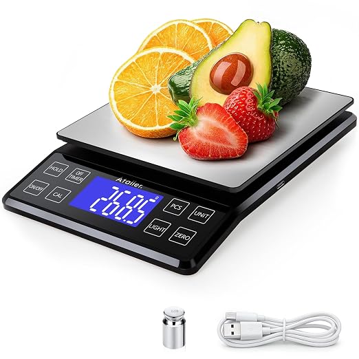 Rechargeable Digital Kitchen Scale, 0.1g Resolution Max 5kg 11Ibs | Food Scale with PCS Counting, Hold, Tare Functions, 6.3"x6.3" Large Stainless Steel Platform, for Cooking, Baking, Meal Prep