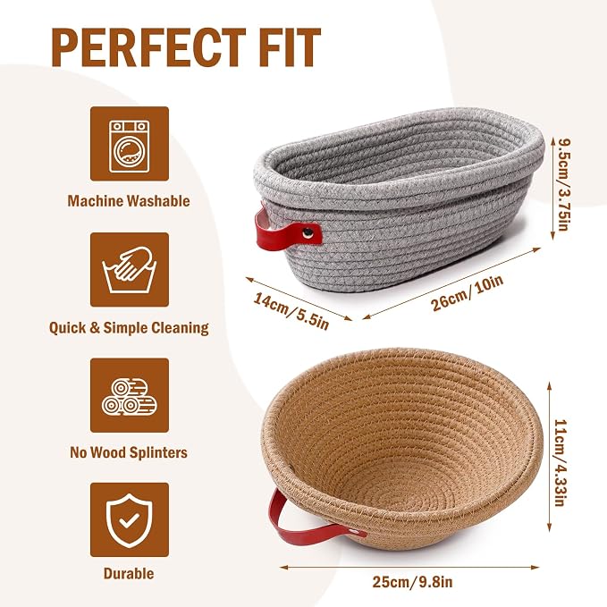 2 Pack Bread Proofing Basket Set, Cotton Rope Banneton with Liners & Covers, Oval & Round in Grey & Coffee for Sourdough and Artisan Bread Baking