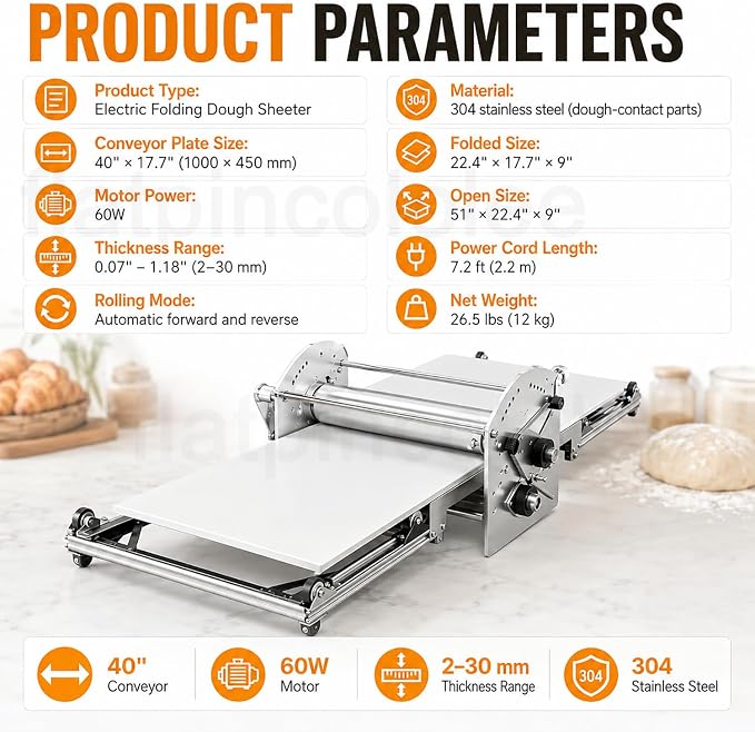 40" Commercial & Home Electric Dough Sheeter, Foldable Dough Roller Machine, Food-Grade Stainless Steel, Adjustable Thickness for Croissants, Puff Pastry, Pasta Sheets, Tortillas, Roti