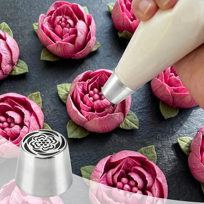 Large Flower Russian Piping Tips Set, Stainless Steel Rose Floral Pastry Nozzles for Buttercream Cupcakes Cookies Fondant, Include 4 Flower Frosting Nozzles Icing Tips and 1 Cleaning Brush