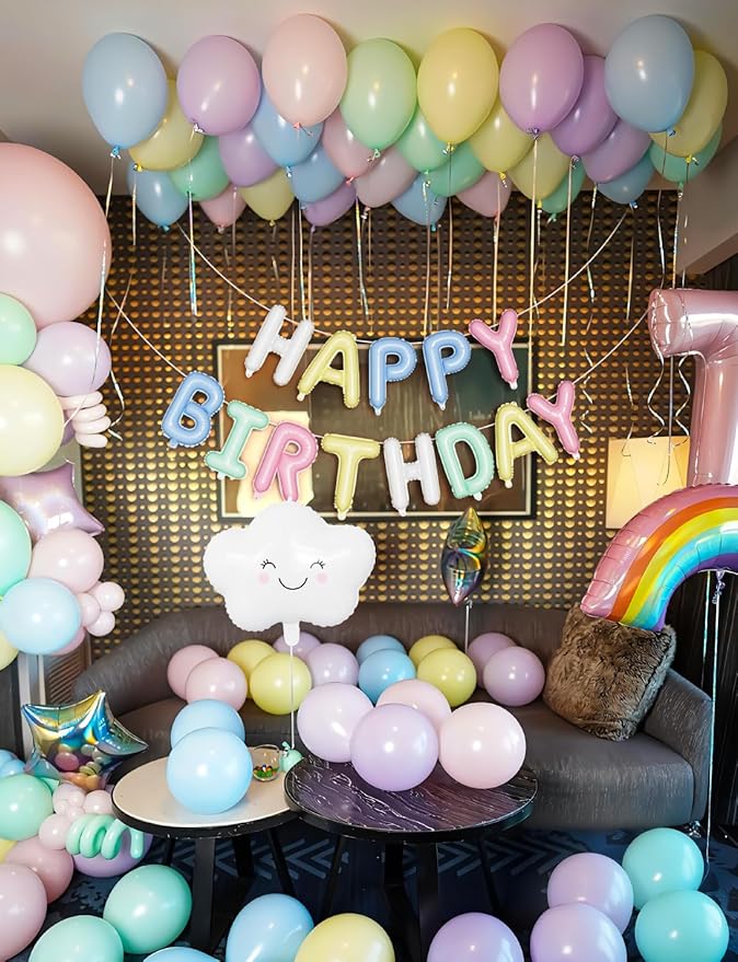 Pastel Birthday Decorations, Pastel Balloons with Happy Birthday Balloon Banner, Macaron Balloons,Cloud Latex Balloon for Women Girls Boys Party Supplies(84Pcs)