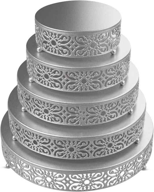 Wenqik 5 Pcs Metal Silver Cake Stand, 8" 10" 12" 14" 16" Large Round Cupcake Stand Dessert Table Display Set Golden Cake Holder for Wedding Birthday Party Bridal Shower Anniversary Table Decoration