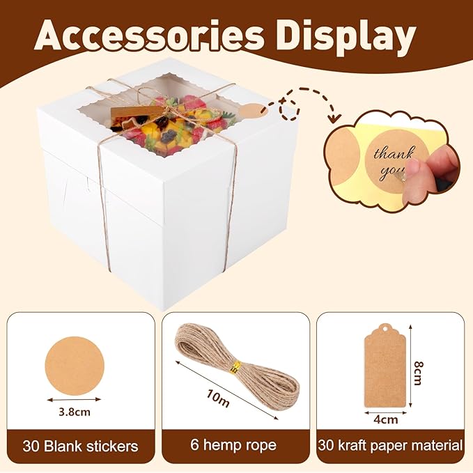NEOACT 30Pcs Cake Boxes, 10x10x8 Inch Tall Bakery Boxes with Windows, Disposable Cakes Transport Containers with Lids for Cakes,Pie,Cupcakes, Pastry, Birthday, Wedding, Mother's Day