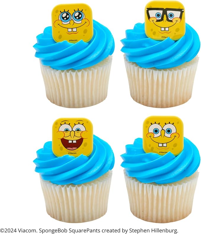 DecoPac SpongeBob SquarePants™ Mood Faces Rings, SpongeBob Cupcake Decorations Featuring SpongeBob SquarePants, Yellow - 24 Pack