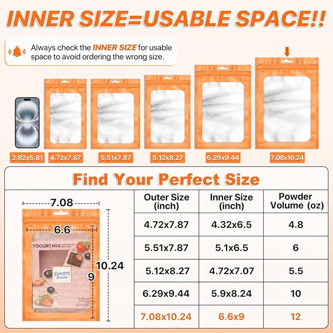 ANZNKU 100 Pack Orange Resealable Mylar Bags with Frosted Clear Window 7.08x10.24", Smell Proof Foil Pouch Bag for Jewelry Candy Party Favor Storage, Sealable Packaging Bags for Small Business