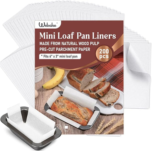 Webake 200Pcs Unbleached Parchment Paper Mini Loaf Pan Liners for 6x3 Small Banana Bread Pan, Original Precut, Non Toxic Baking Papers