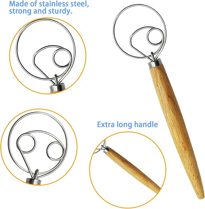 Listenman Danish Dough Whisk Bread Mixer & Egg Whisk Kits, 2 Pack Premium Stainless Steel Dutch & 1 Pack Hand Push Rotary Blender for Pastry Pizza Dough, with a Dough Scraper for Bread