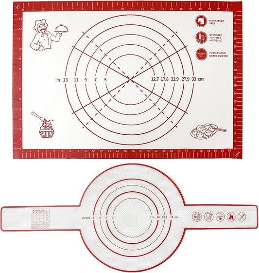 2PCS Non-slip Silicone Pastry Mat and Bread Sling with Measurements Non-Stick & Easy Clean Reusable for Silicone Baking Mat, Counter, Dough Rolling, Oven Liner, Bread Baking Supplies (Red)