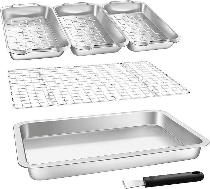 VIKEYHOME Grill Carry System, 6-Piece Stainless Steel Large Food Prep Tray, 16.5" x 11" Pan, Outdoor Grill with Cooling Rack for Vegetables, Fish, Meat, Great Grilling Gifts for Men