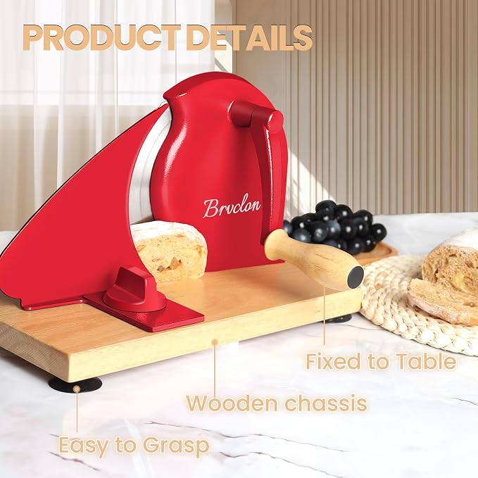 Brvclon Manual Bread Slicer for Homemade Sourdough,Adjustable Thickness,Hand Crank Bread Slicer with Stainless Steel Blade, Aluminum Alloy Frame & Solid Wood Base with Natural Wood Veneer Finish