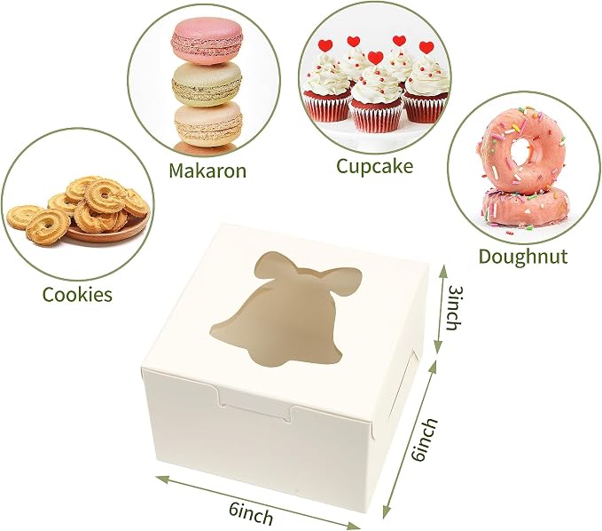 36 PCS White Bakery Boxes with Window, 6x6x3 Inch Christmas Cookie Boxes for Gift Giving, 6 Inch Small Treat Boxes for Mini Cake Pastry Dessert Strawberries Cupcakes Candy Donut Packaging
