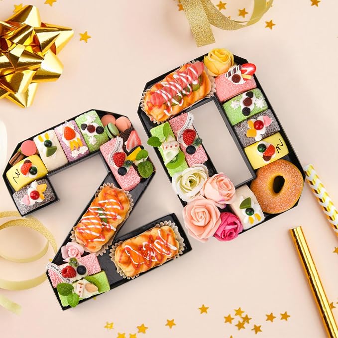 Cardboard Number for Charcuterie 20 Set Fillable Tray 10.2'' Black Charcuterie Paper Box for 20th Birthday Anniversary Party Decorations Chocolate Candy Cupcake Container