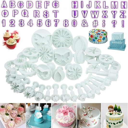 Flower Fondant Cutters,73Pcs Cake Cookie Cutter Plunger Sugarcraft Alphabet Letters Decorating Tools,Sunflower Rose Leaf Butterfly Heart Star Carnation Hollow Calyx Cutter Molds,Icing Modelling Kit