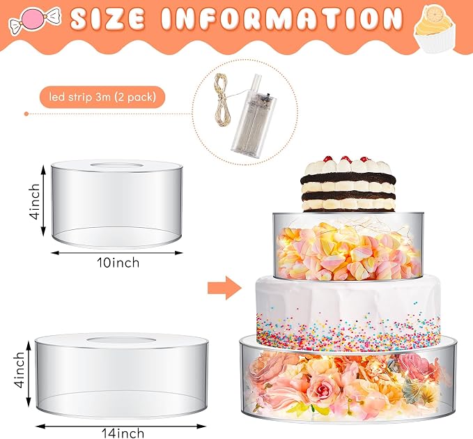 Sunnyray 2 Pcs Acrylic Cake Stands for Dessert Table Clear Fillable Cake Riser Cupcake Tier with LED Strings for Birthday Wedding Holiday Party Display(10", 14")
