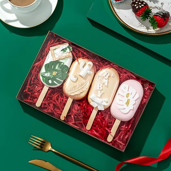 RomanticBaking 24 Pack 9 1/2" x 6" x 1 1/4" Gold Cookie Boxes Macaron Boxes for 12 Clear Bakery Boxes Cakesicle Boxes Pretdzel Cocoa Bombs Box