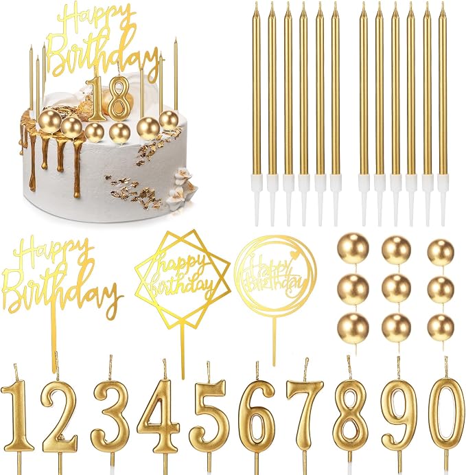 Yerliker 34 Pcs Happy Birthday Cake Toppers Decorations Birthday Candles DIY Cake Decor for Men Women Wedding Anniversary(Gold)