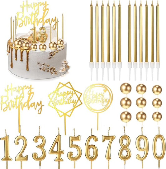 Yerliker 34 Pcs Happy Birthday Cake Toppers Decorations Birthday Candles DIY Cake Decor for Men Women Wedding Anniversary(Gold)