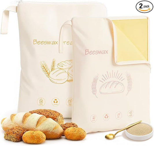 2 Pack XL Reusable Beeswax Bread Bags with Zipper, Organic Linen Cotton Sourdough Bread Storage Bags (13 x 17 in), Moisture Lock, Includes Metal Measuring Spoon, Ideal for Baking, Kitchen & Travel