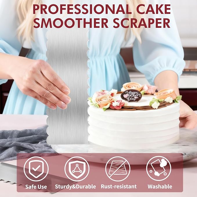 2 Pack 8.7 Inch Stainless Steel Cake Scraper, Double Sided Patterned Edge Stripe Edge Smoother Scraper Frosting Scraper Cake Decorating Comb for Mousse Butter Cream - Style 2