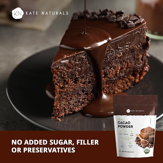 Kate Naturals Organic Cacao Powder, 16 oz – Unsweetened Raw Cocoa Powder, Non-GMO, Vegan, Gluten Free, Rich Chocolate Flavor for Baking & Smoothies