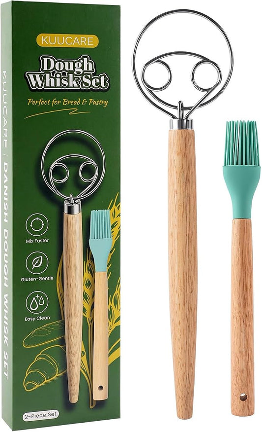 Danish Dough Whisk & Pastry Brush Set, 13-Inch Stainless Steel Sourdough Bread Tools with Long Wooden Handle, Heavy Duty Dutch Whisk for Bread, Pizza, Pastry & Sourdough Baking