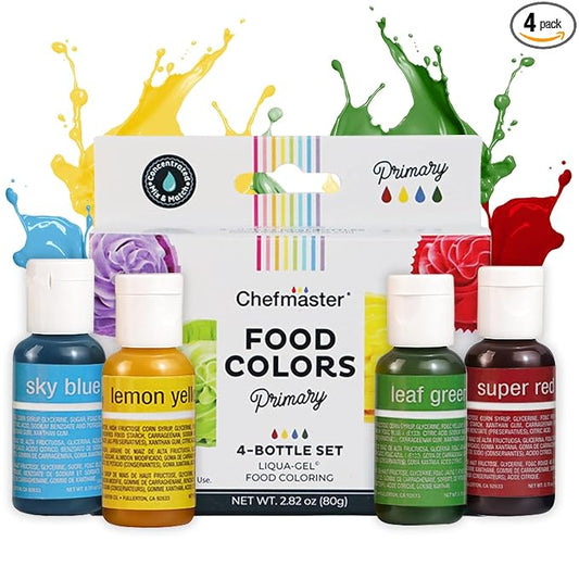 Chefmaster - Primary Colors Liqua-Gel Food Coloring Kit - Water-Based Food Coloring Gel - 4 Pack - Highly Pigmented, Create Vividly Colored Desserts, Easy-To-Blend Formula - Made in the USA